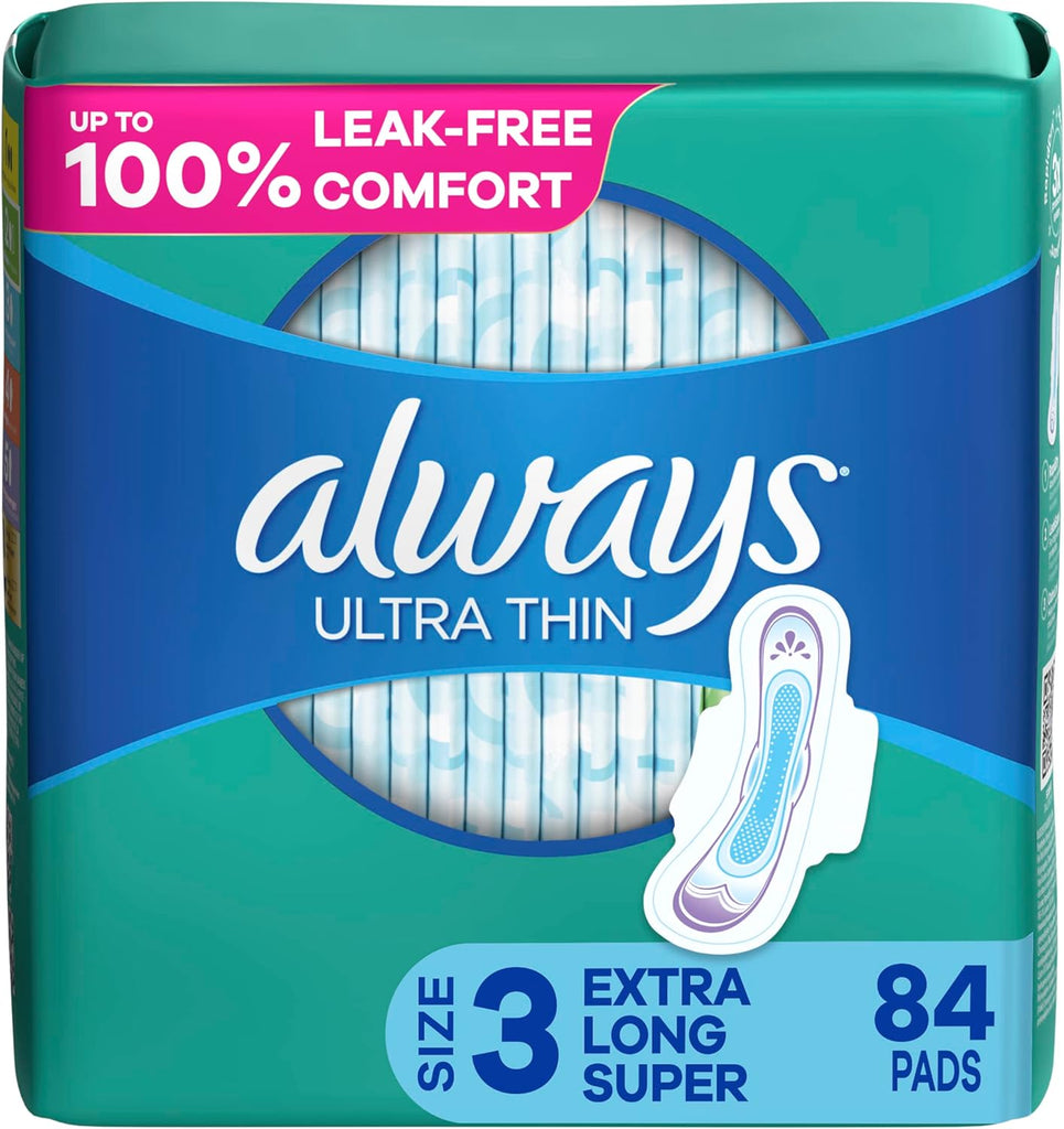 Always Ultra Thin Feminine Pads For Women, Size 3 Extra Heavy Long Absorbency, Multipack, With Wings, Unscented, 28 Count x 3 Packs (84 Count total)