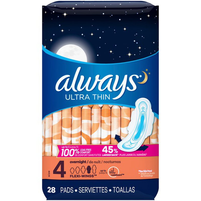 Always Ultra-Thin Overnight Pads, Unscented - Size 4 - 80 Count