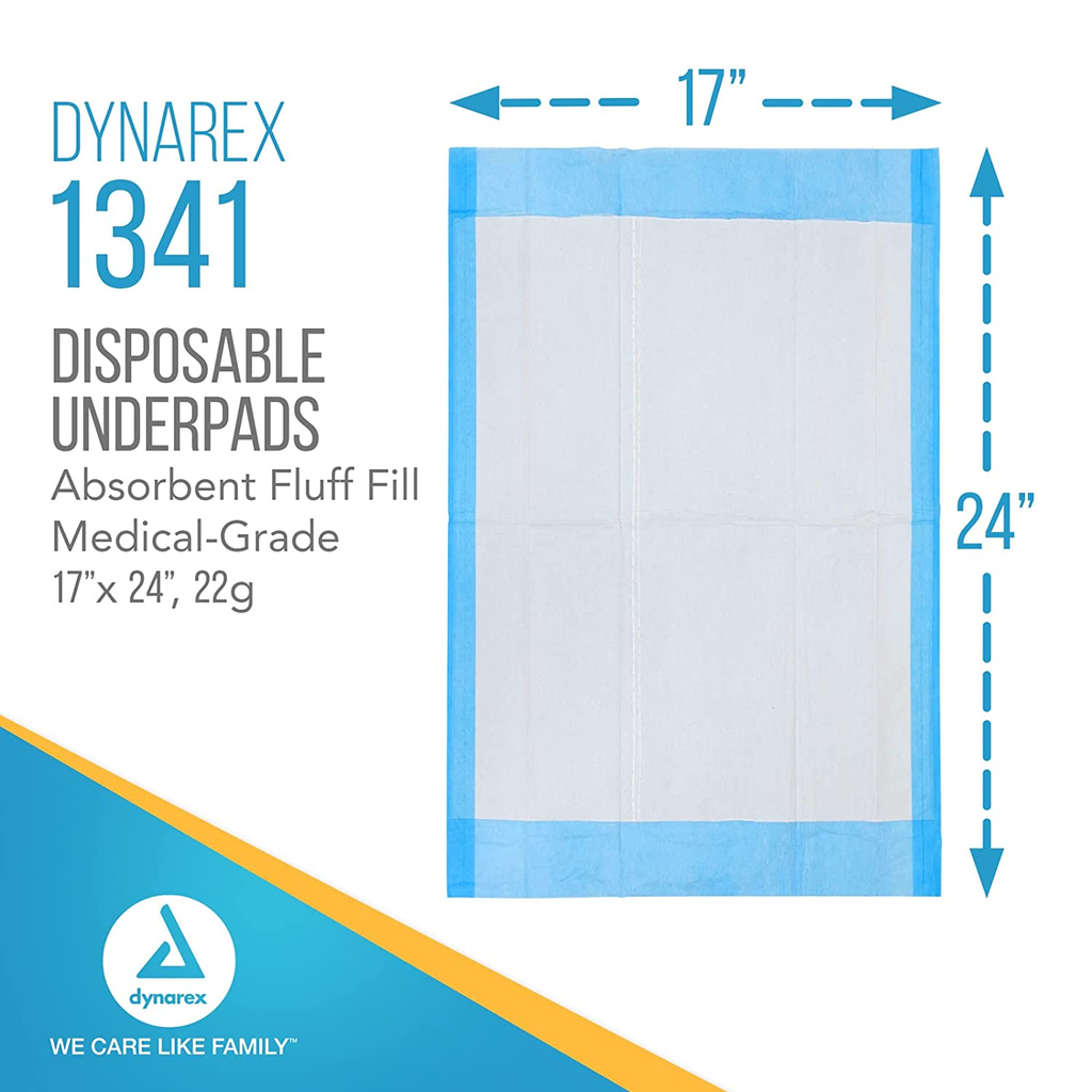 Dynarex Disposable Underpads, Medical-Grade Incontinence Bed Pads to Protect Sheets, Mattresses, and Furniture, 17”x24” (22g), 1 Box of 100 Underpads