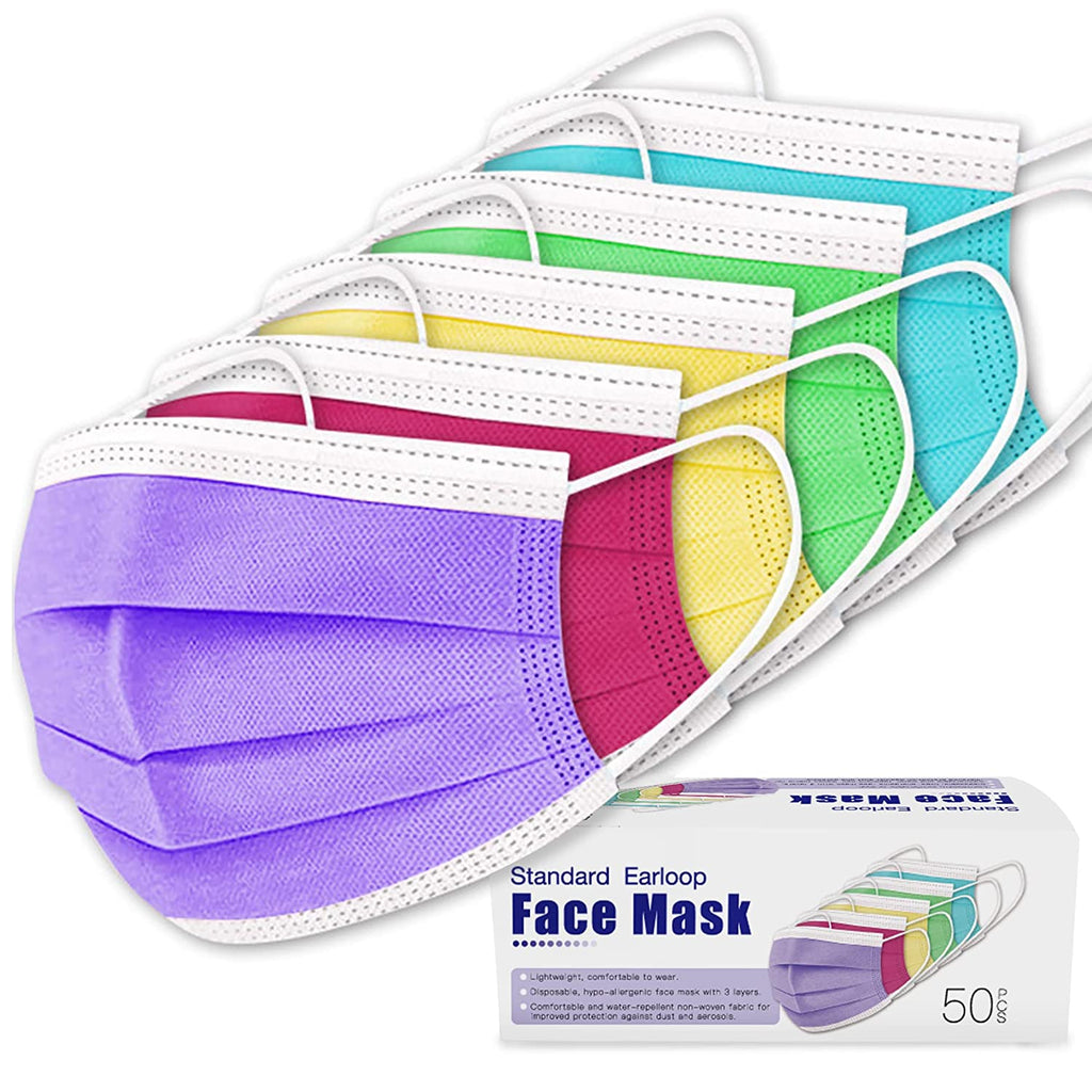 3-Ply Disposable Face Masks - Multiple Colors - 50 Count